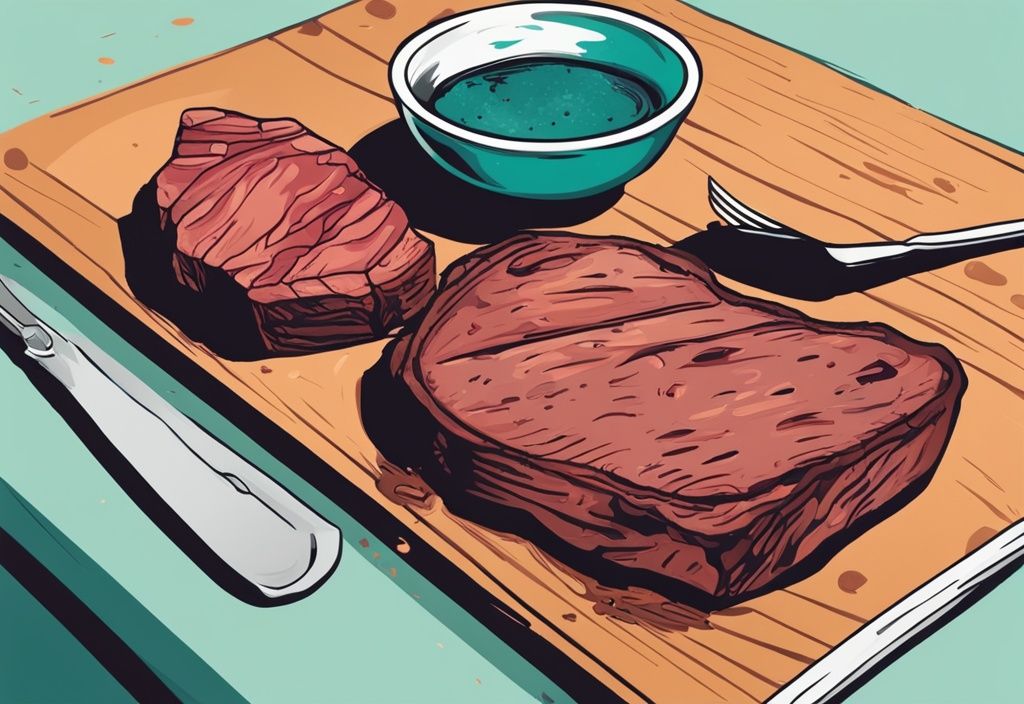 Moderne digitale Malerei mit einem Gefrierbrand-Steak auf einem Schneidebrett neben einem halb gegessenen, perfekt gekochten Steak und einer Gedankenblase mit einem Fragezeichen – kann man Fleisch mit Gefrierbrand noch essen?