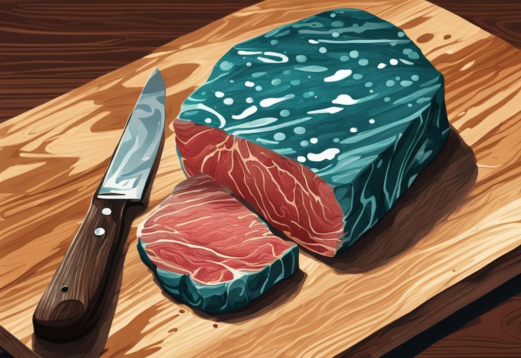 Nahaufnahme von erstklassigem Wagyu-Steak mit charakteristischer Marmorierung auf rustikalem Schneidebrett und Steakmesser, moderne digitale Illustration, Hauptfarbe Teal.