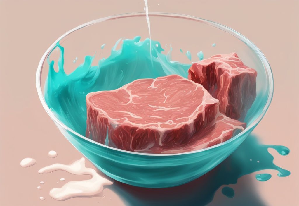 Moderne digitale Malerei, Nahaufnahme von rohem Fleisch in Buttermilch einlegen in einer großen Glasschüssel, Hauptfarbe Teal.