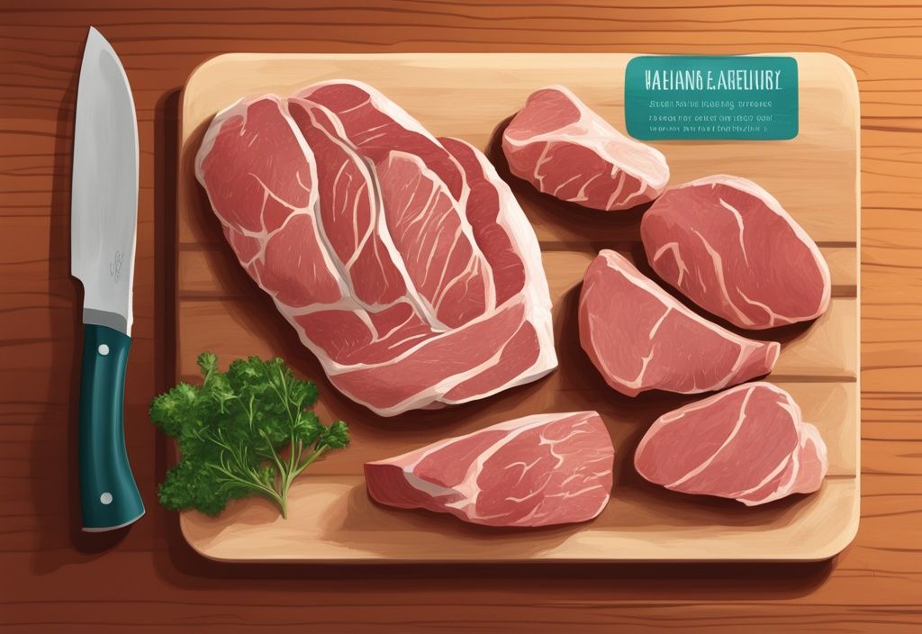 Moderne digitale Malerei mit verschiedenen mageren Fleischsorten wie Hähnchenbrust, Rinderfilet und magerem Putenhackfleisch auf einem Schneidebrett, mit Beschriftungen zur Identifizierung.