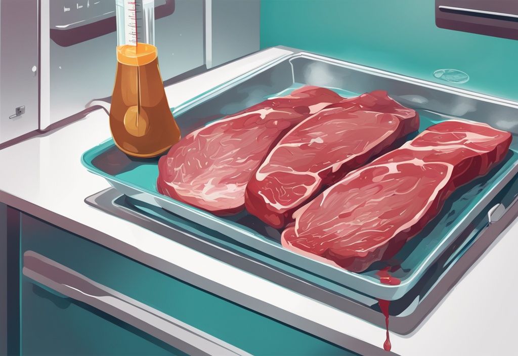 Modernes digitales Gemälde mit einem Stück Fleisch, das im Kühlschrank auf einem Abtropfgestell auftaut, begleitet von einem digitalen Lebensmittelthermometer – Fleisch richtig auftauen.