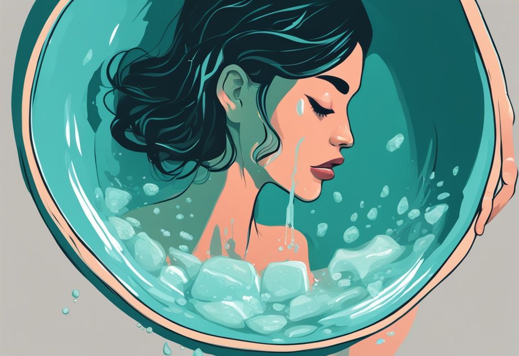 Person taucht ihr Gesicht in eine Schüssel mit Eiswasser, Eisbad fürs Gesicht, moderne digitale Malerei in Teal.