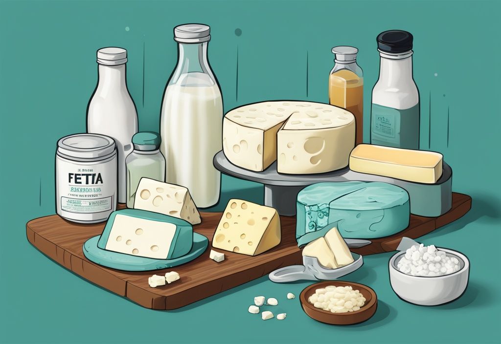 Moderne digitale Illustration in Teal-Tönen, die eine Auswahl an alternativen Milch- und Nichtmilch-Feta-Käseprodukten mit beschrifteten Texten zeigt