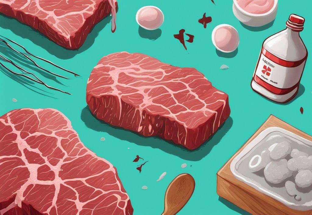 Moderne digitale Illustration in Türkis, rohes Fleisch mit Natron bedeckt, umgeben von durchgestrichenen Gesundheitssymbolen, betont die Ungesundheit