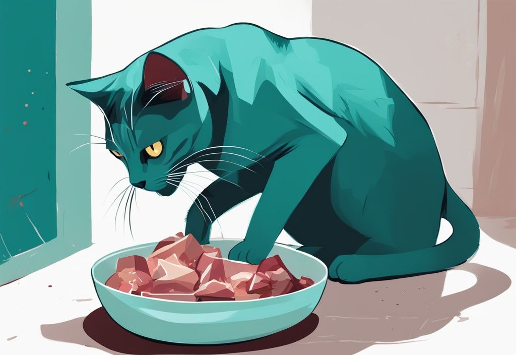 Hauskatze schnuppert neugierig an einer Schüssel mit rohem Fleisch für Katzen, moderne digitale Malerei in Teal.