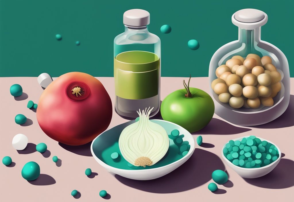 Moderne digitale Illustration: Quercetin-reiche Lebensmittel wie Zwiebeln, Äpfel und Kapern neben einem 3D-Modell des Histaminmoleküls in Teal-Farbtönen.