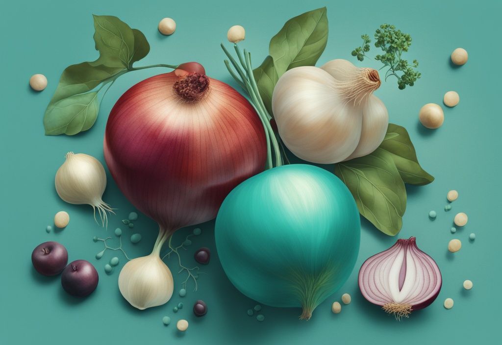 Moderne digitale Illustration mit Quercetin-reichen Lebensmitteln wie Zwiebeln, Äpfeln und Kapern neben einem 3D-Modell des Histaminmoleküls in Teal-Farbtönen.